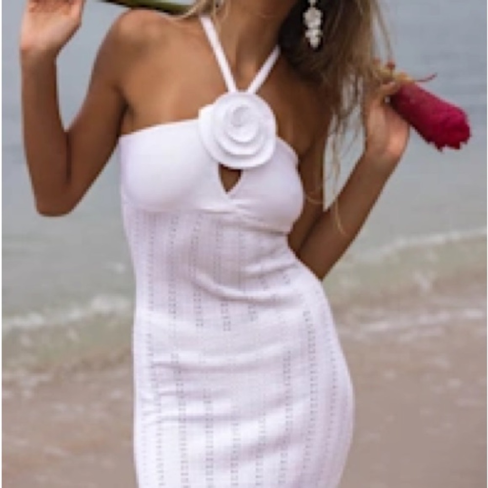 Lulu's White Crochet Halter Swim Coverup Maxi